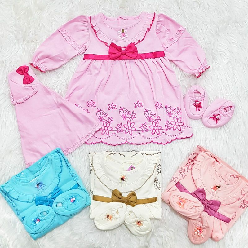 Jual Baju Muslim Bayi Newborn Bordiri Set Jilbab Dan Sepatu Warna