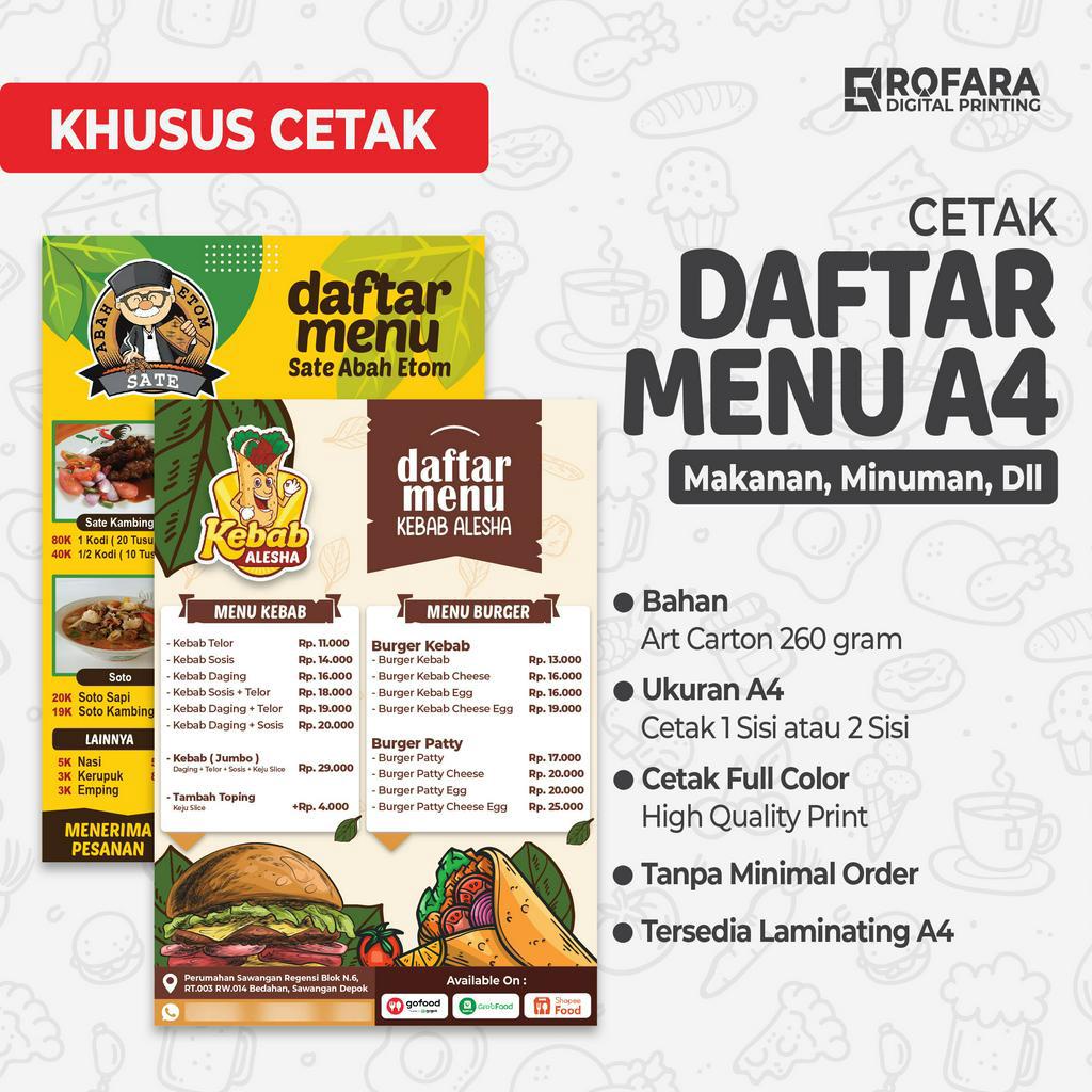 Jual Cetak Daftar Menu A Makanan Minuman Dll Bahan Art Carton Gram Shopee Indonesia