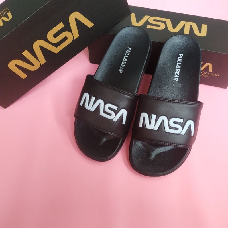 Jual Sandal Nasa Black White Logo Embosh /Sandal Pull&bear Nasa