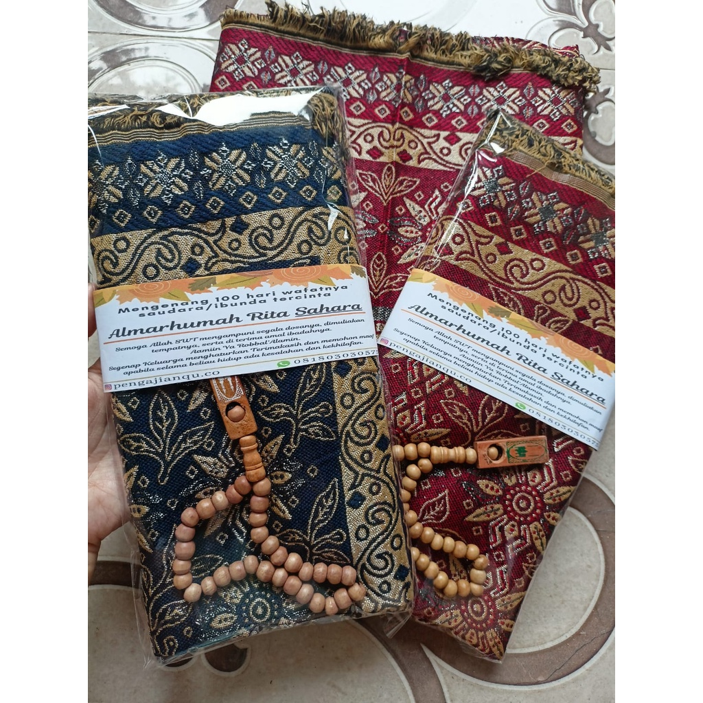 SOUVENIR SAJADAH DEWASA FREE TASBIH KARTU UCAPAN LEBARAN,UMROH,TAHLIL