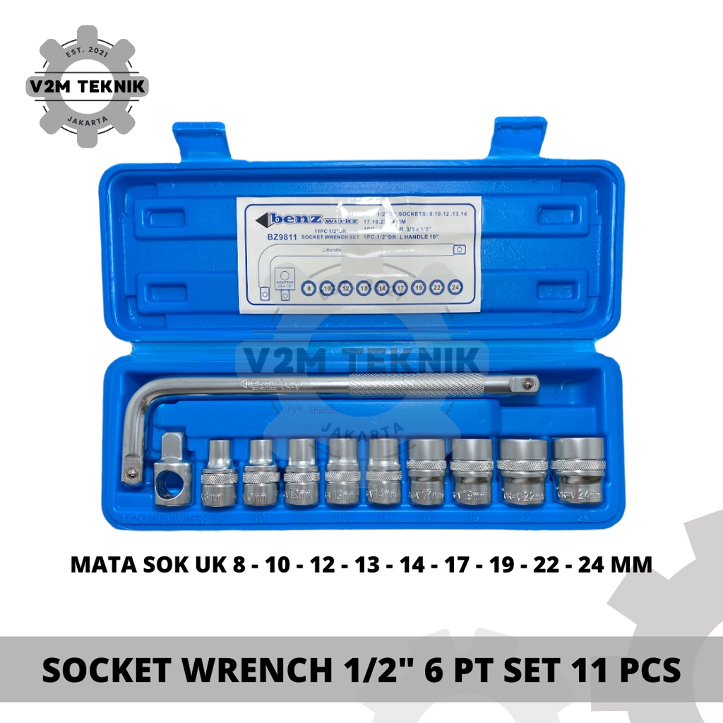 Jual BENZ Socket Wrench Set 11 Pcs / Mata Sok 1/2 Inch 6 PT / Kunci ...