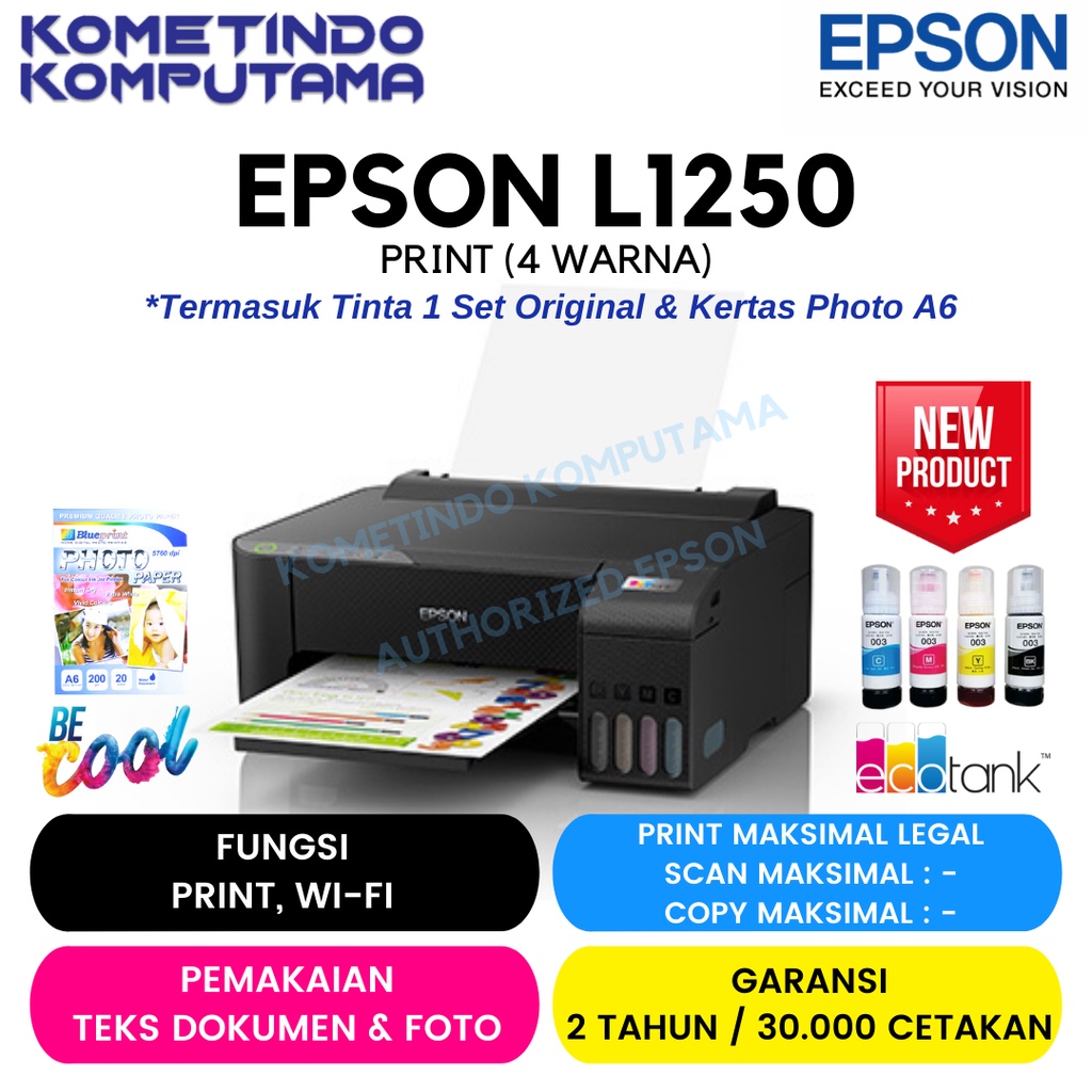 Jual L1250 Epson Ecotank A4 Wi Fi Ink Tank Printer 100 Garansi Resmi Tinta Jamin Original 2833