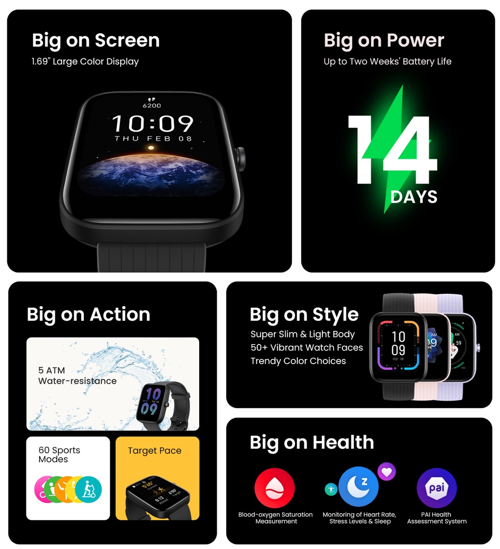 Amazfit Bip 3 Smartwatch – 1,69" Farbdisplay, 14 Tage Akku, 5 ATM Wasserdicht | Fitnessuhr Mit SpO2 & 60 Sportmodi