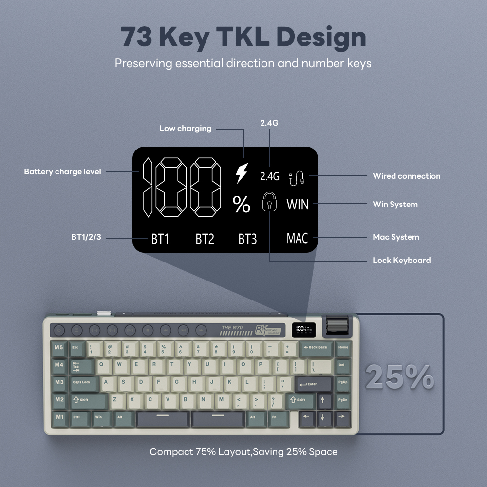 Jual Royal Kludge RK M70 Mocha Grey 73 Key With TFT Screen Gasket ...