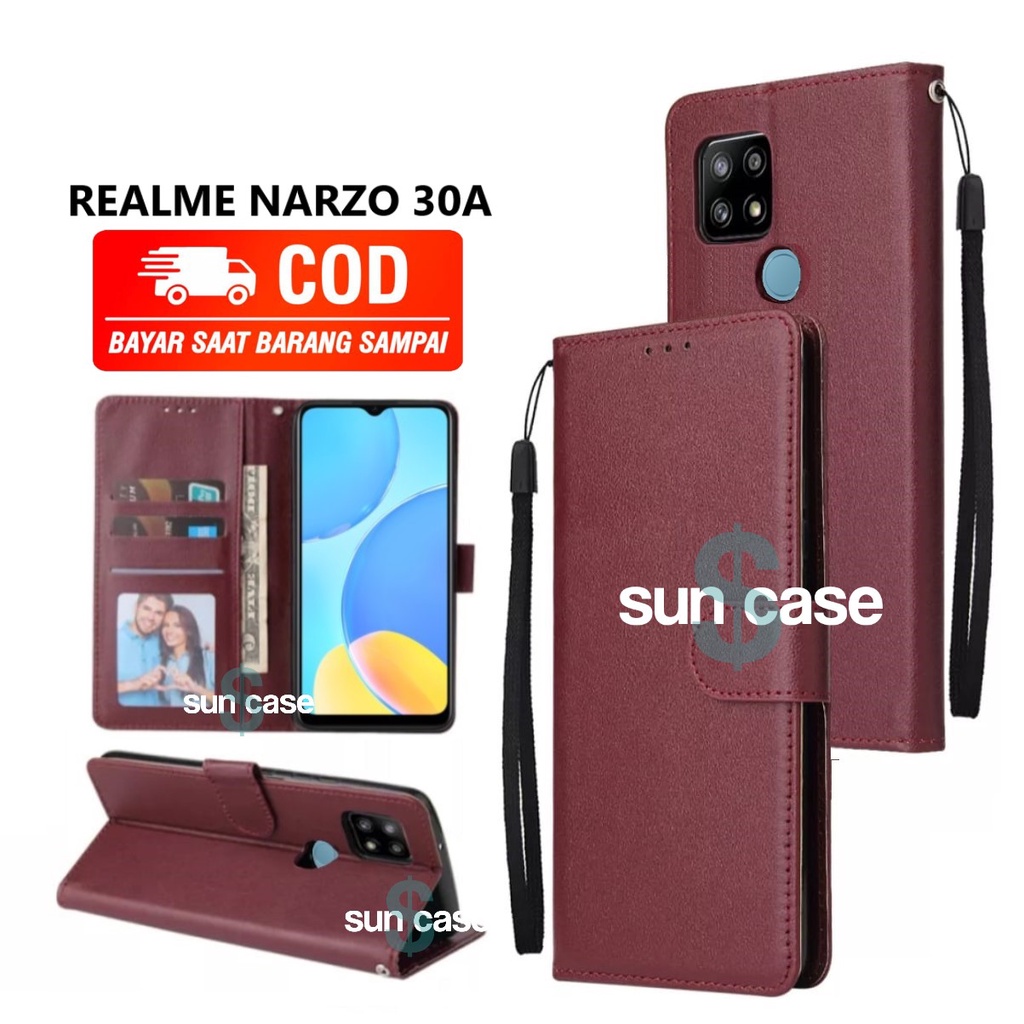 Casing REALME NARZO 30A model flip buka tutup case kulit ada tempat foto  dan kartu juga tali hp flip cover