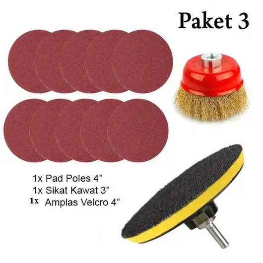 Jual Paket Sanding Pad + Amplas Bulat Velcro 4 Inch + Sikat Kawat