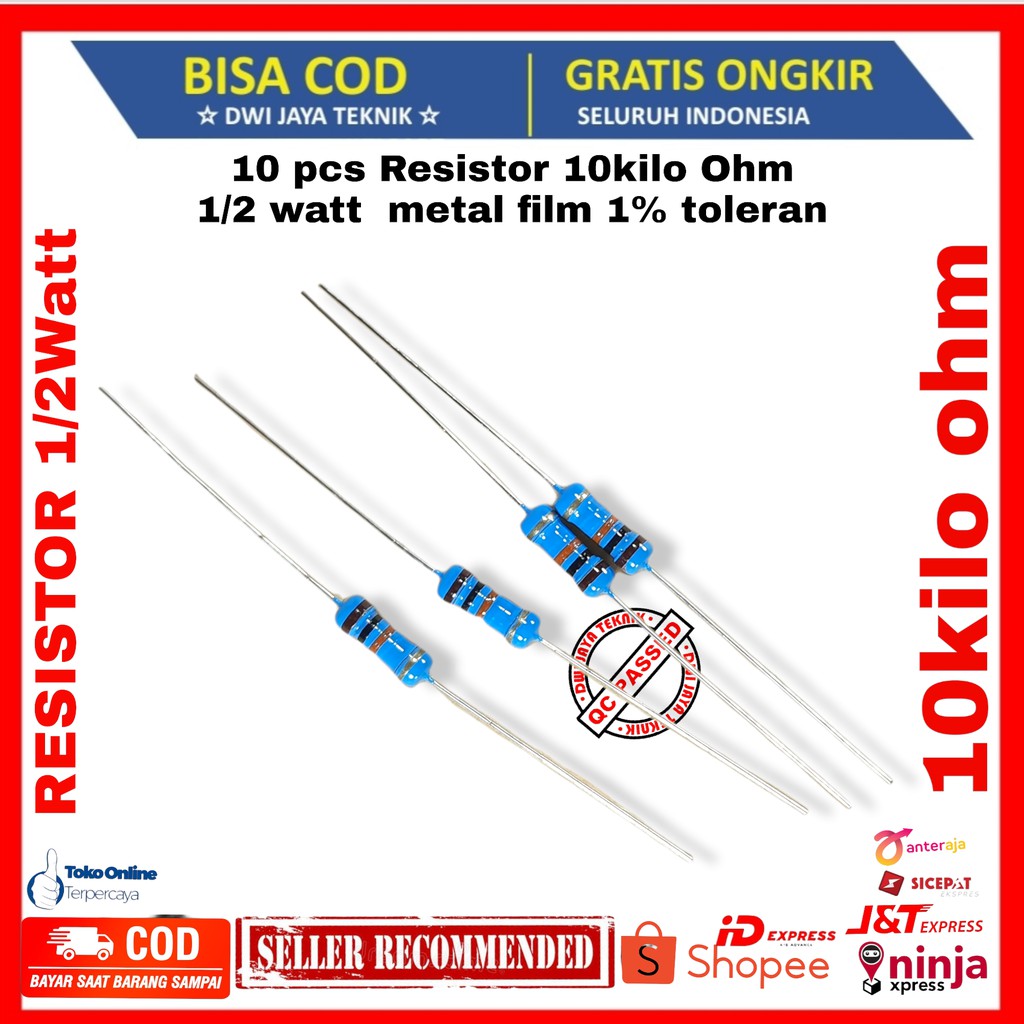 Jual 10 pcs Resistor 10k 10 kilo Ohm 1/2 watt metal film 1% toleran