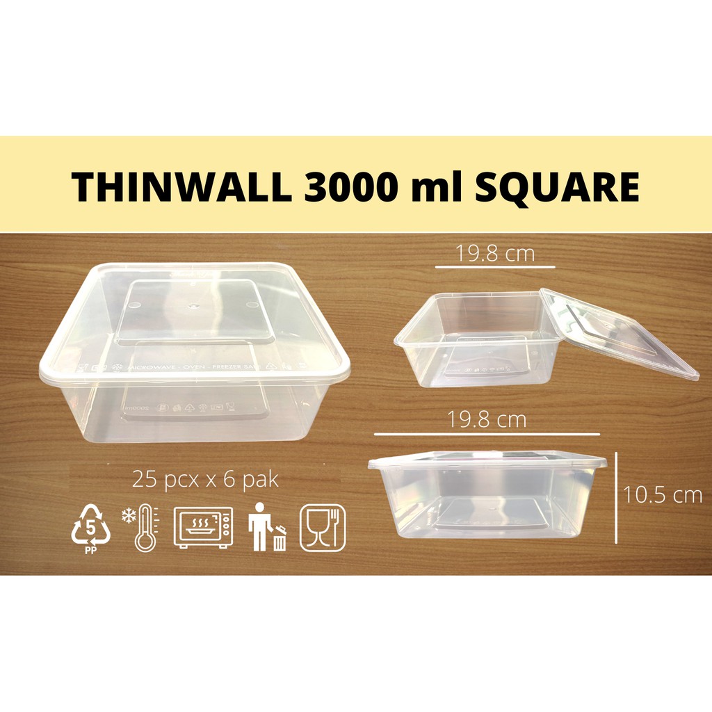 Jual Thinwall 3000 Ml Square Kotak Makan Plastik 3000 Ml Persegi