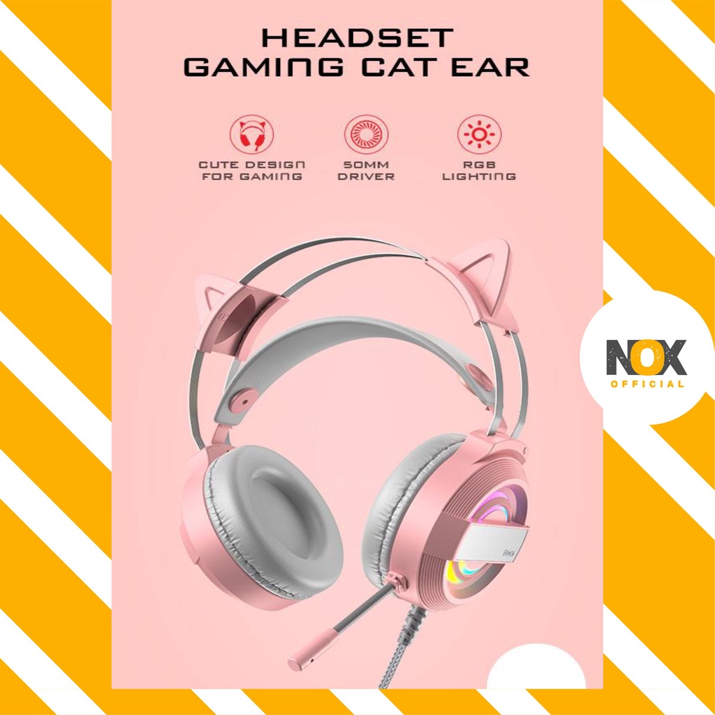 Jual Gaming headset headphone cewek lucu model kucing cat ear dengan adjustable microphone
