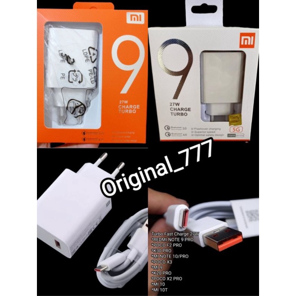 Original 100% Turbo Quick Charger Fast Charging 27W Xiaomi 9T Pro Note 10  K20 Pro Type C