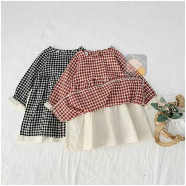 Jual DRESS GAUN BAJU ANAK MUSLIM KOTAK KOTAK GHEA MERAH HITAM (1 2 3