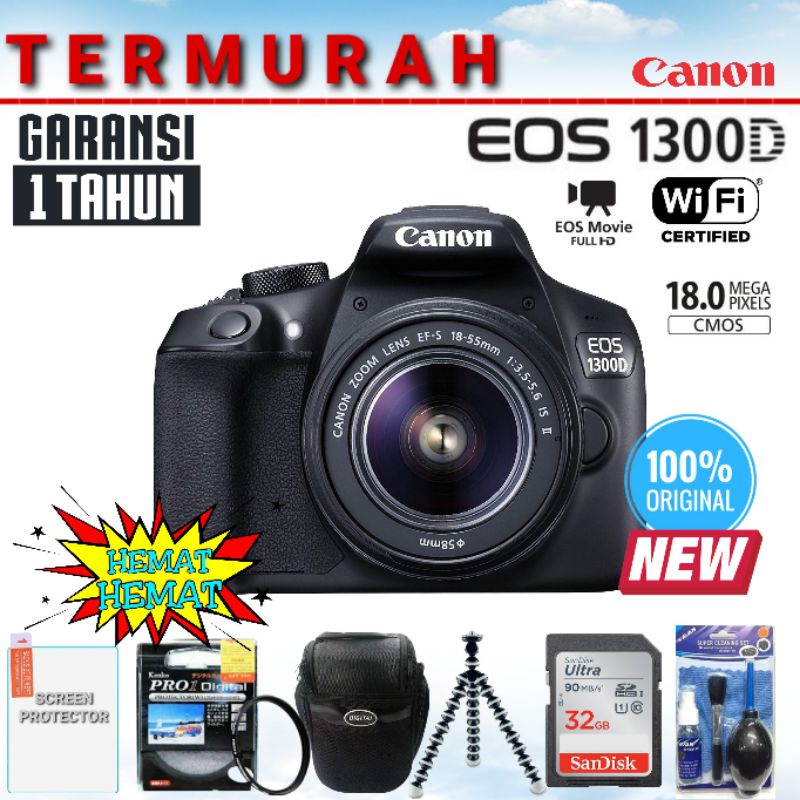 Jual KAMERA DSLR CANON EOS 1300D WIFI + LENSA 1855MM IS II ( PRODUK BERGARANSI 1 TAHUN DAN