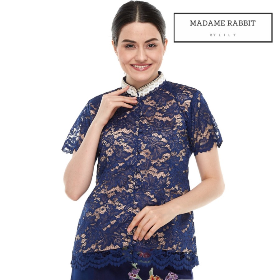 Jual Blouse Kantor Wanita Madame Rabbit Baju Brokat Modern Biru Navy ...