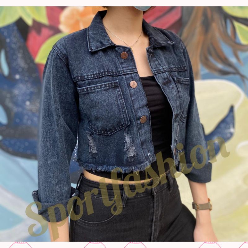 Jaket denim crop sale