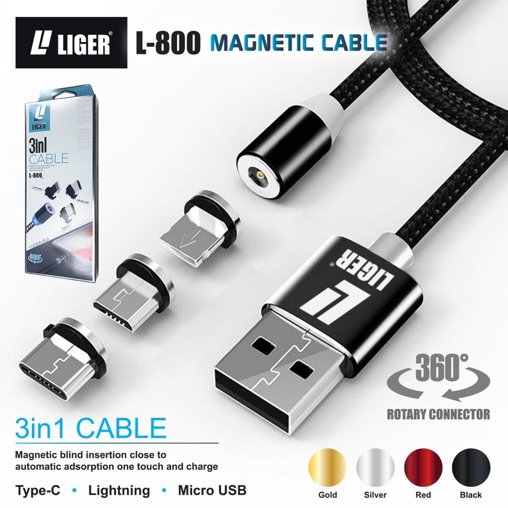 Jual LIGER kabel charger magnetic LED 3in1 MICRO TYPE C LIGHTNING cable ...