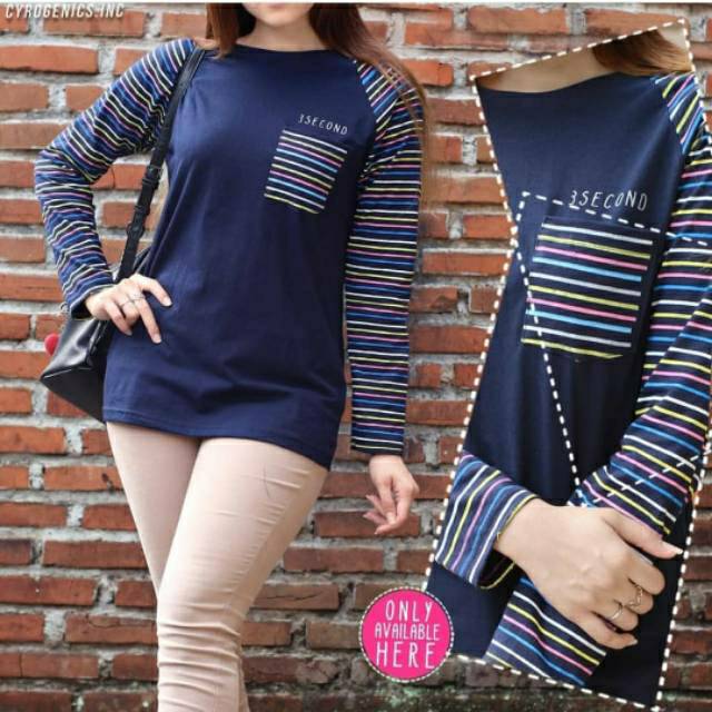 Jual kaos wanita lengan panjang motif salur distro premium. Shopee