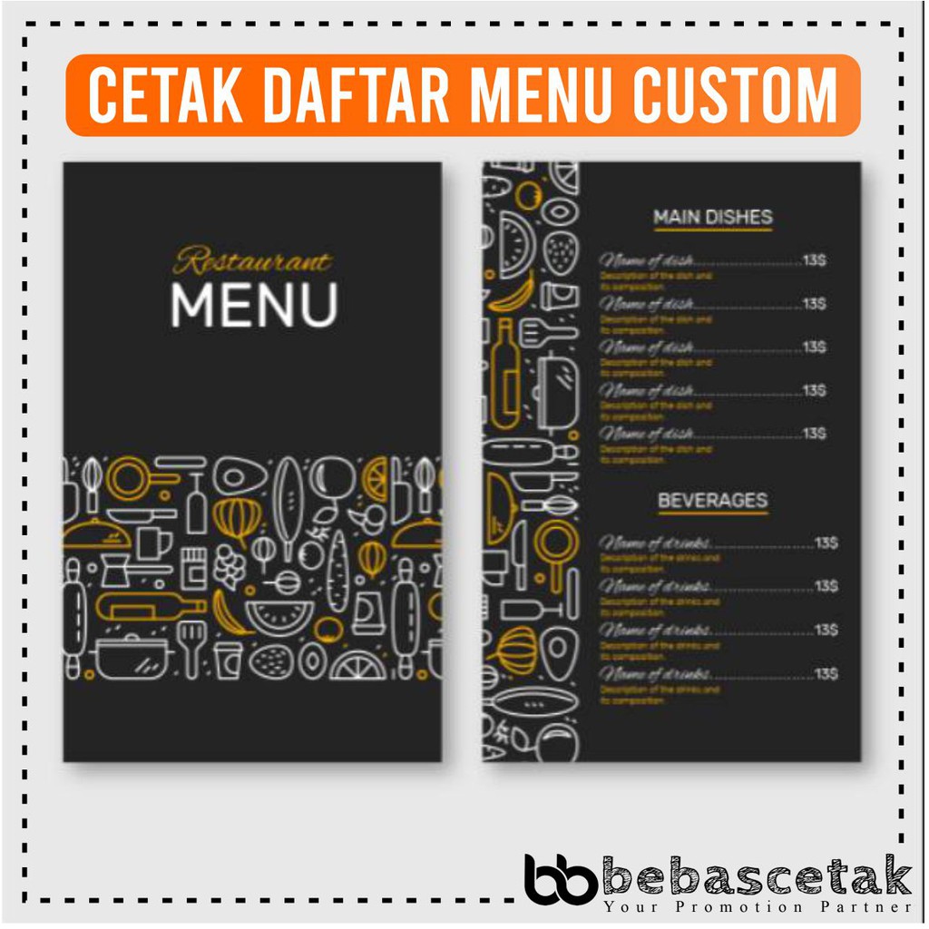 Jual Cetak Daftar Menu 1 Sisi Custom Desain Harga Menu Makanan Minuman Restoran Cafe Ukuran A5 0197