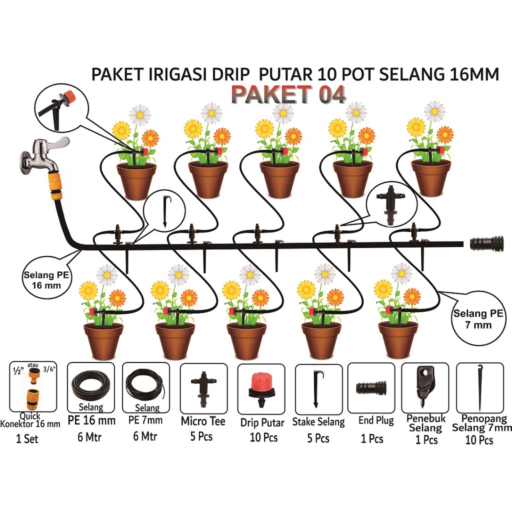 Paket Irigasi Drip Putar 10 Pot Selang 16 mm / PAKET 04