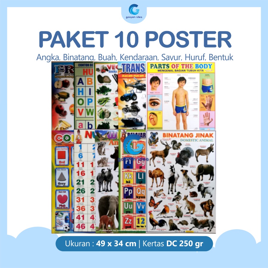 Jual Paket 10 Poster Belajar Anak Edukasi Angka, Binatang, Buah ...