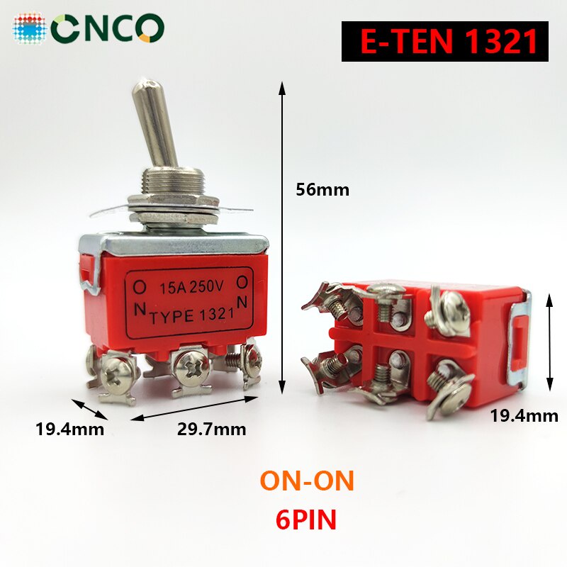 Jual E-TEN 1321 ON ON Toggle Switch Saklar Tuas 12mm DPDT 6 Pin 15A ...