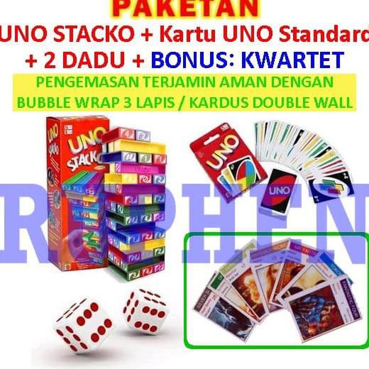 Jual Paket Uno Stacko Kartu Card Dadu Dice Mainan Balok Seru