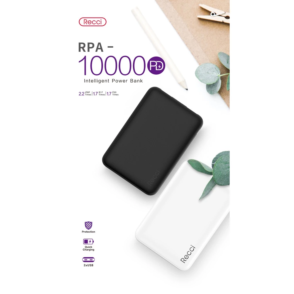 Powerbank RPA-10000PD Power Delivery 10000mAh Hitam/Putih