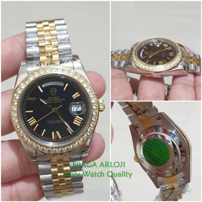 HARGA GROSIR Jam Tangan Rolex Day Date Gold Diamond Dial Black