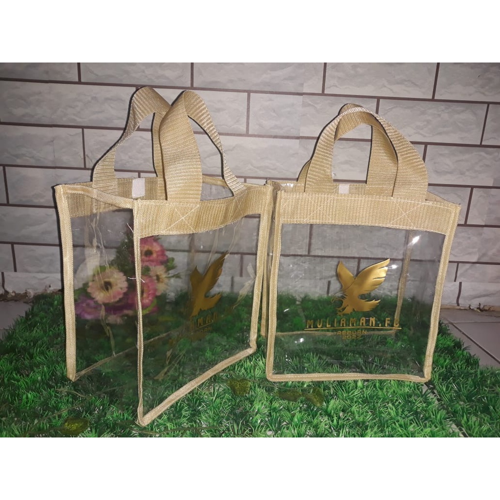 Jual Tas Mika Sablon Custom Tas Mika Sablon Gold Tas Mika Transparan Sablon Bahan Premium