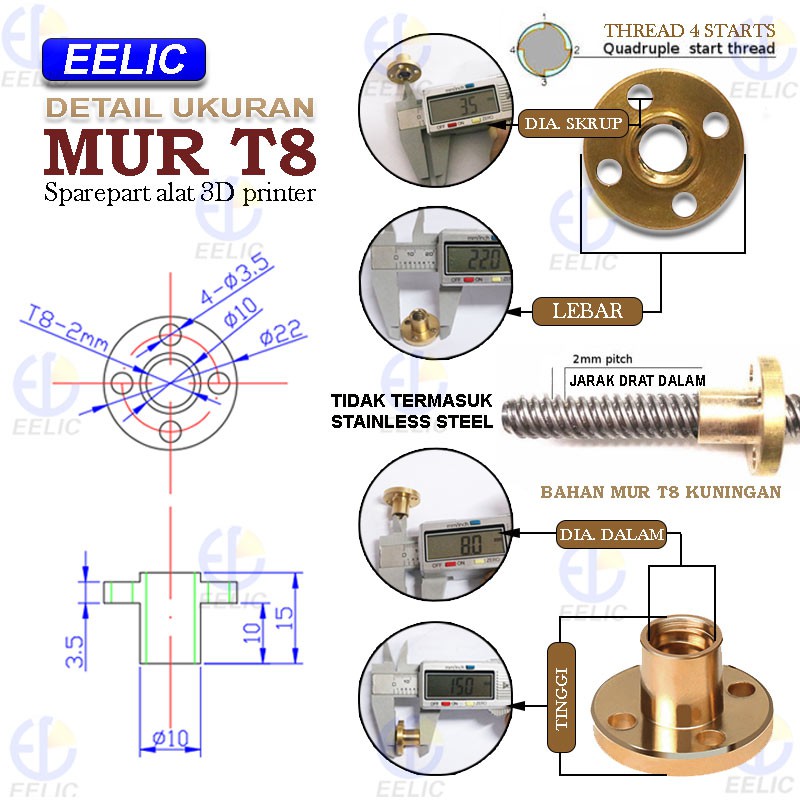 Jual EELIC SEP-MURT8X1300MM Linear Screw Rod T8-2 lead 8mm pitch 2mm ...