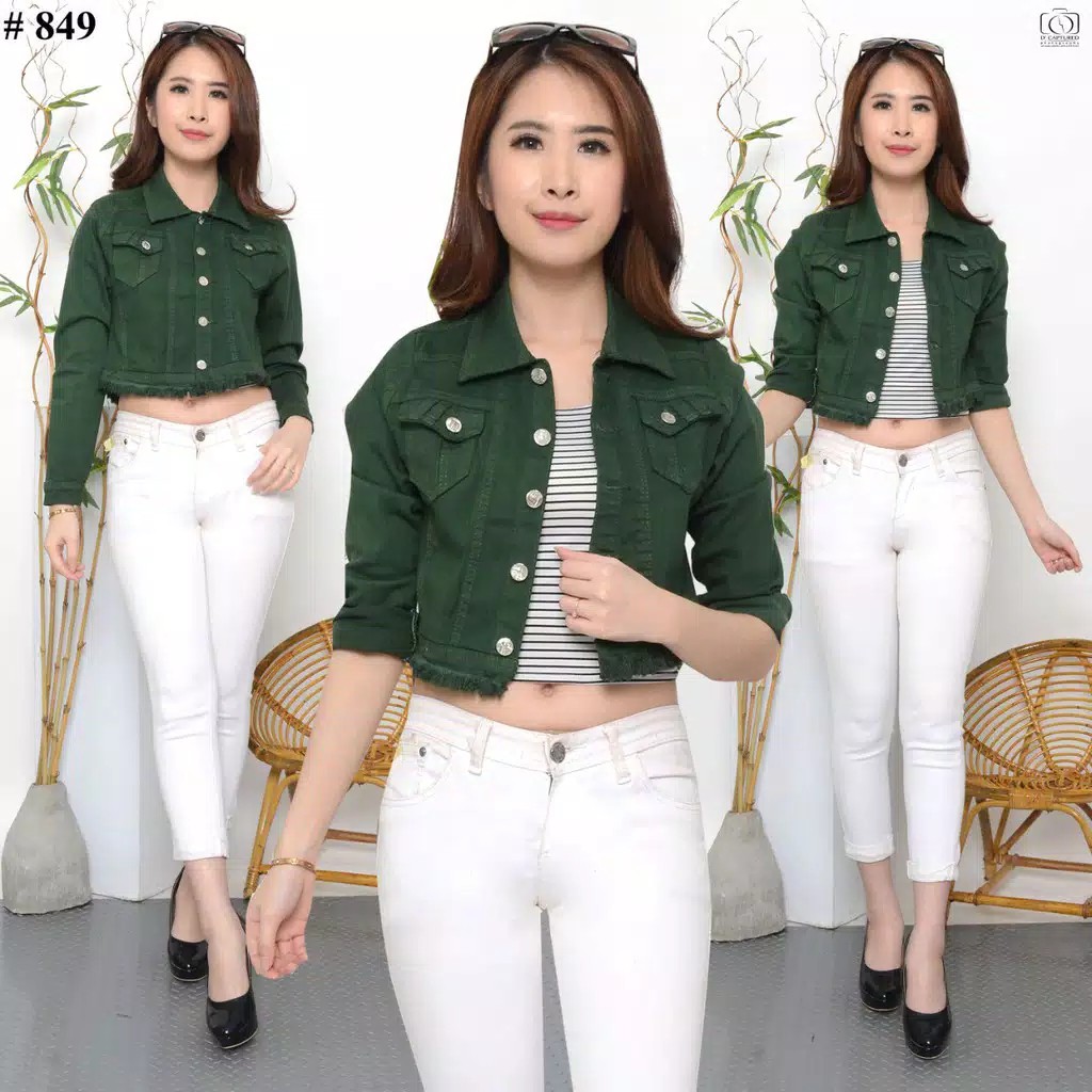 Jual Asia Mode - Jaket Jeans Crop Rawis Hijau Tua / Jaket Rumbai Warna ...