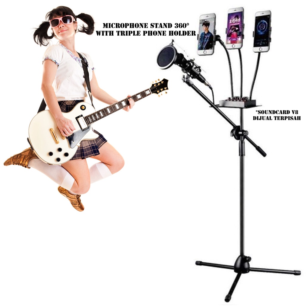 Jual Microphone Stand 360 Degree Mic Mount With Phone Holder LED Light