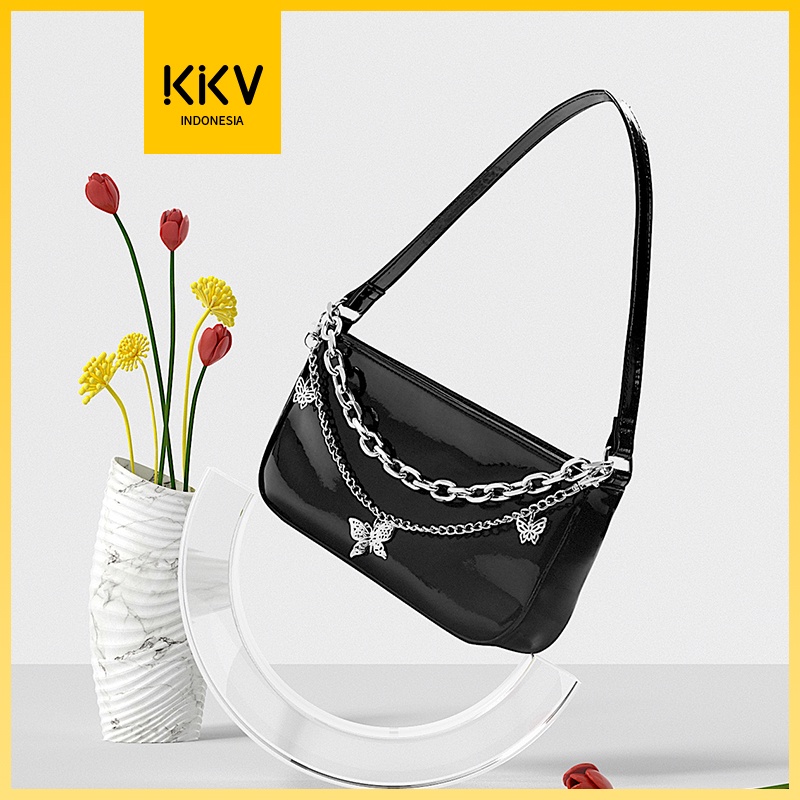 Product image KKV - Dunns  Tas Bahu Wanita Kulit Hitam Glossy Black Leather Shoulder Bag Butterfly Chain