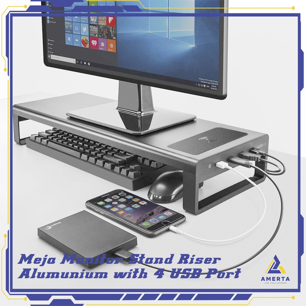 Jual Meja Monitor Stand Riser Aluminium 4 Port USB 3.0 + Wireless ...