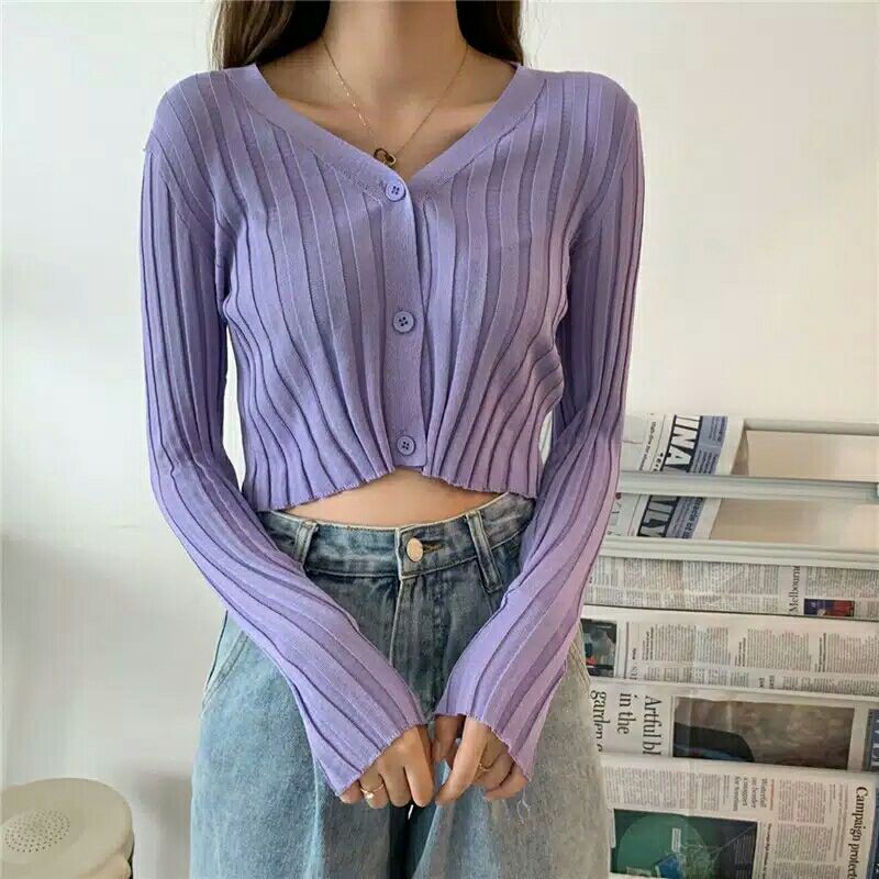 Jual crop top cardigan rajut lengan panjang sweater [korean style