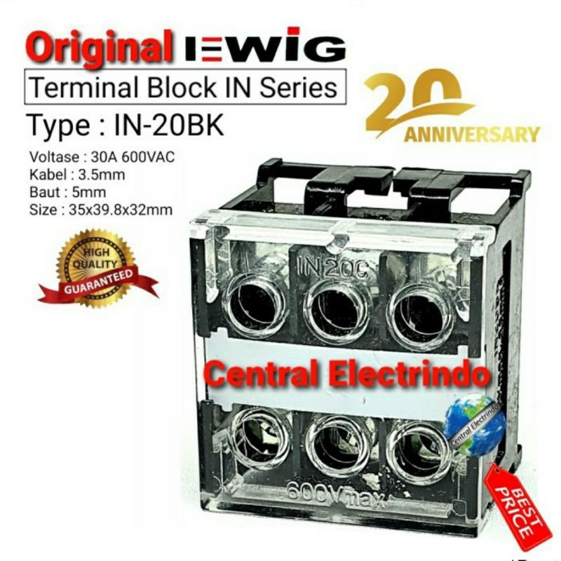 Jual Terminal Block Blok IN-20BK 3Pole 30A Din Rail EWIG. | Shopee ...