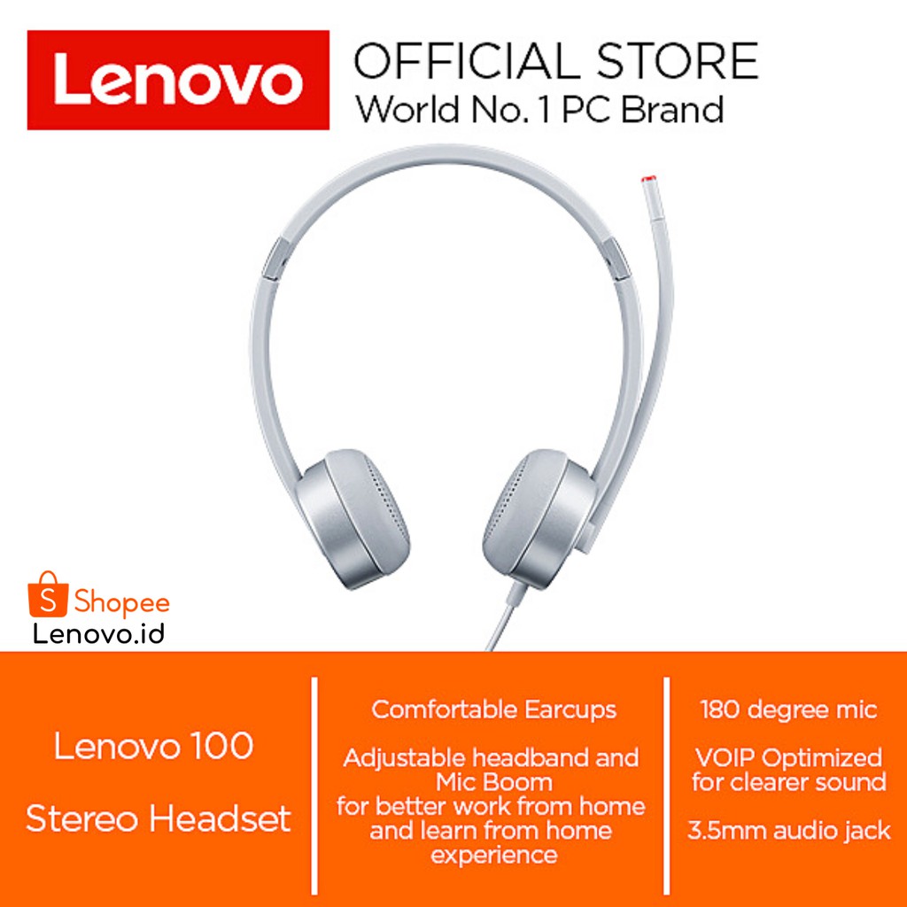 Lenovo 100 Essential Stereo Analog Headset with Microphone GXD1B60597 VOIP plug and play 1.2m cable Adjustable Headband and Boom Arm