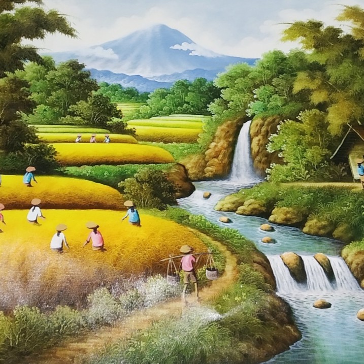 Jual Lukisan tema Pemandangan Alam Panen Padi dengan Air Terjun