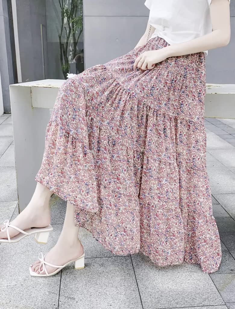 Jual Skirt floral korean style | rok panjang wanita beraksen 4 susun ...