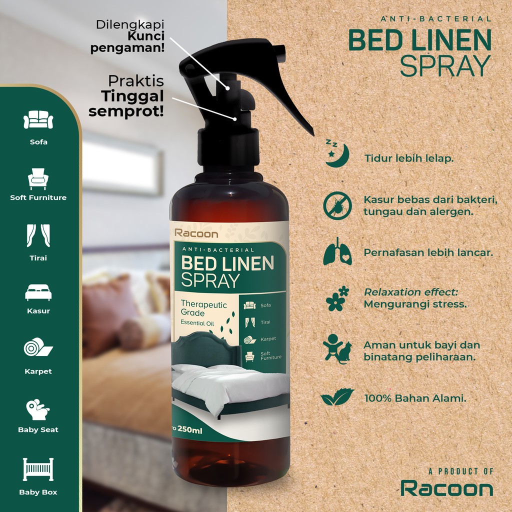 Jual Bed Linen Spray / Anti Bacterial & Virus / Essential Oil RACOON