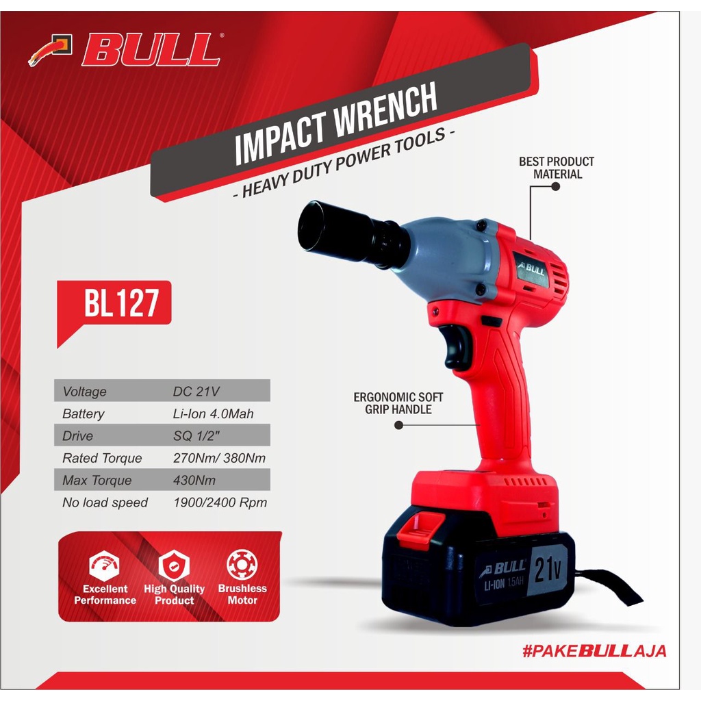 Jual Mesin Cordless Impact Wrench 2 Baterai BULL 20V Set - Pembuka Baut ...