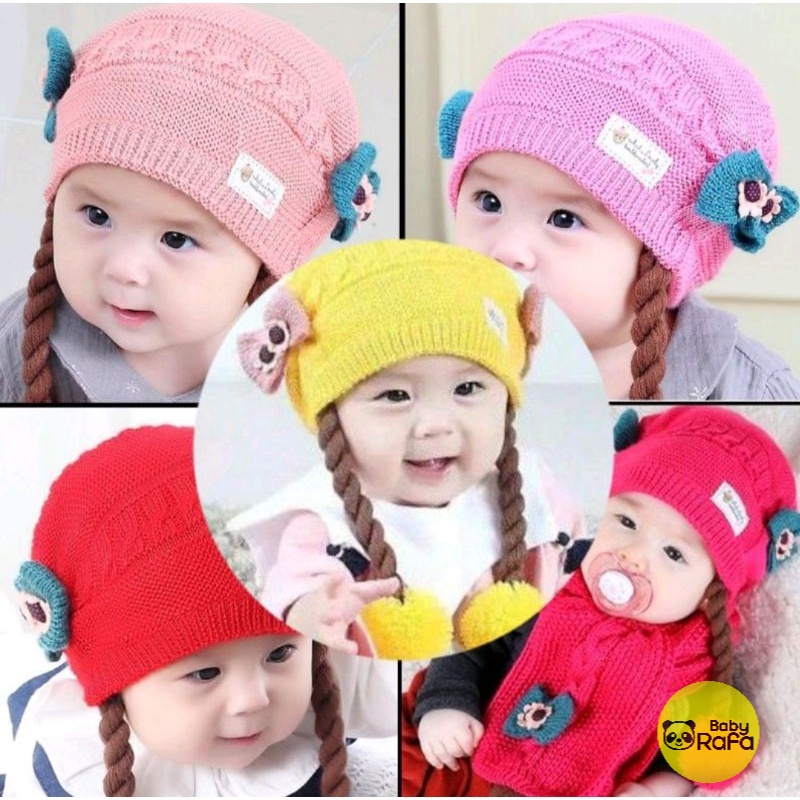 Jual Topi Bayi Perempuan Rajut Pompom Model Kepang / Topi Rajut Premium ...