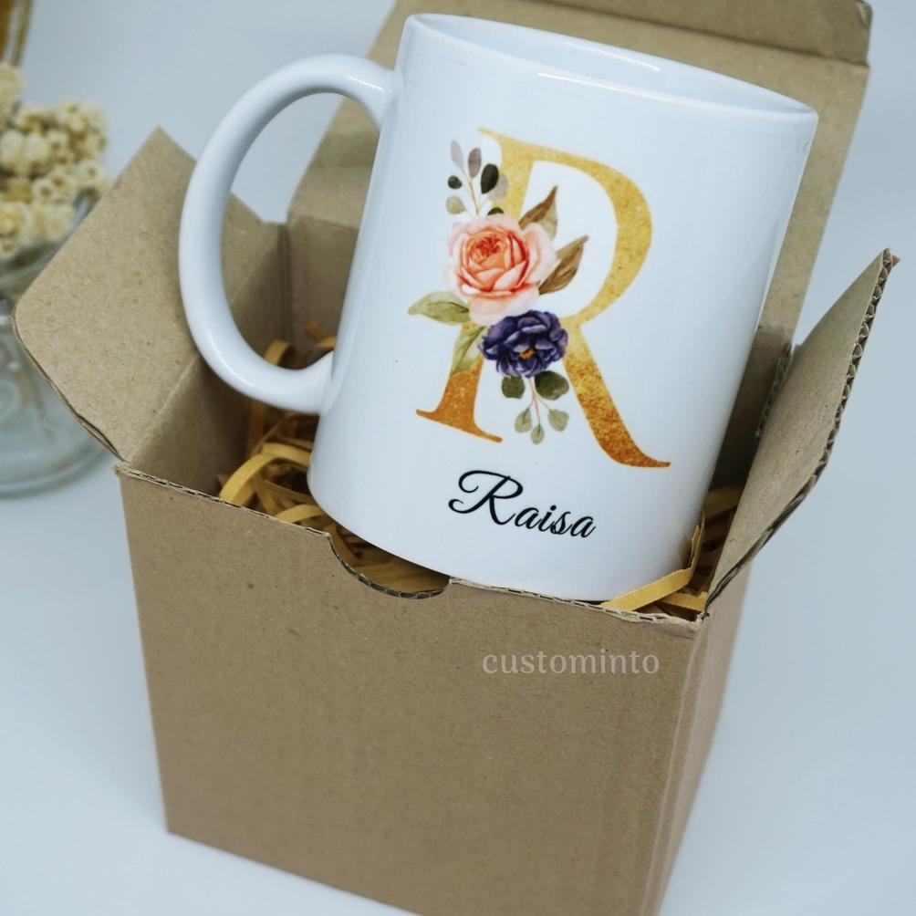 Jual Mug Gelas Custom Keramik Kado Pernikahan Ultah Wisuda Sahabat Inisial Huruf Nama Gold 0216