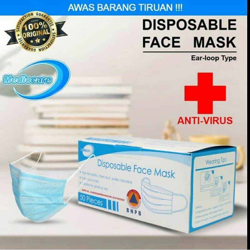 Jual Masker Disposable Face Mask 3Ply Mediocare -- 1box isi 50pcs ...