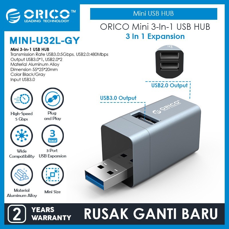 Jual USB Hub 3 in 1 ORICO Mini-U32L 3 Ports USB 3.0 USB 2.0 Aluminium ...