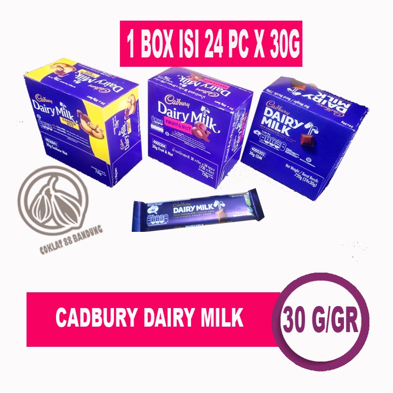 Jual CADBURY DAIRY MILK 30 GR GRAM BOX ISI 24 PCS, COKELAT CADBURY 30G X 24PC Shopee Indonesia
