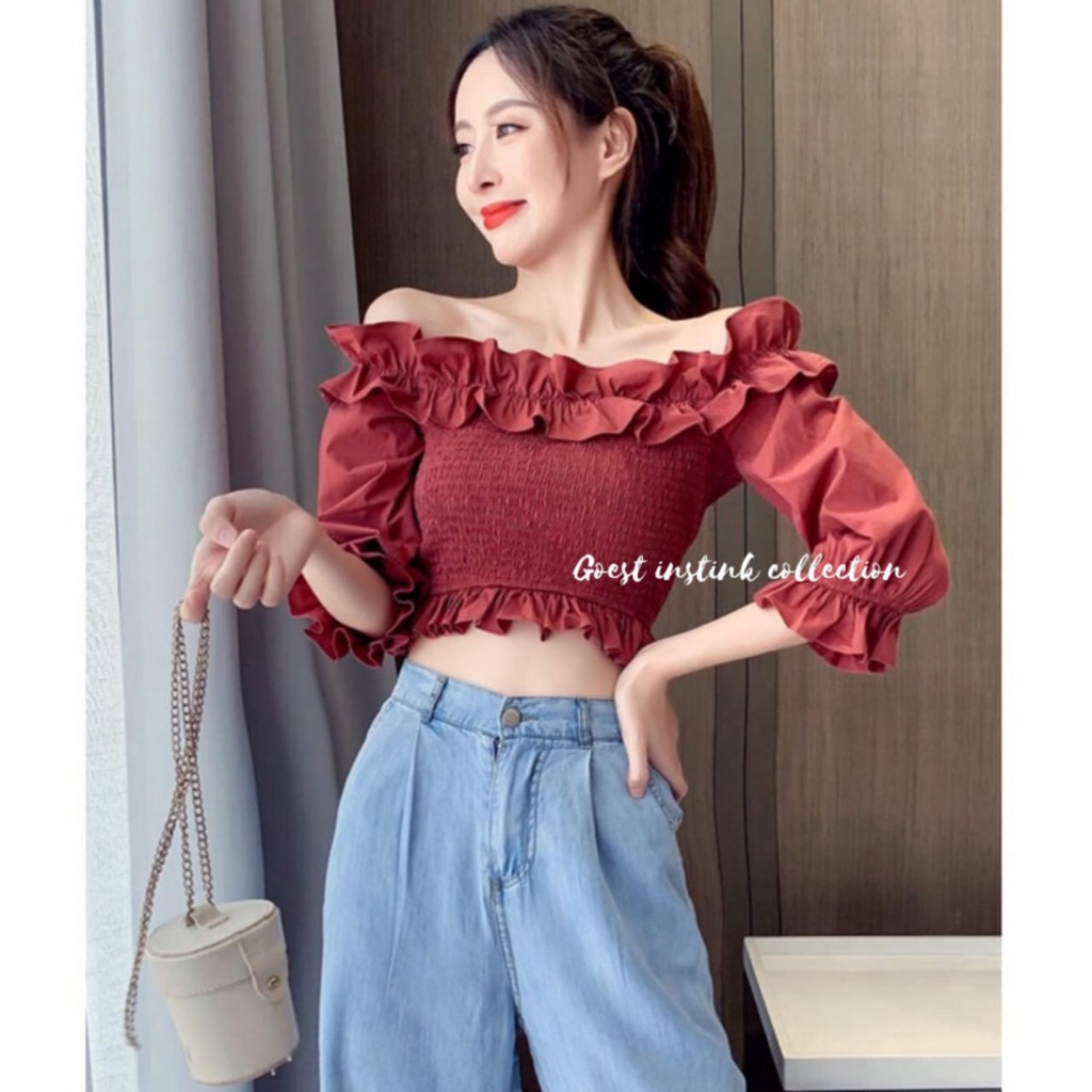 Jual Blouse Sabrina LAURA Ruffle Off Shoulder Baju Sabrina Crop Top ...