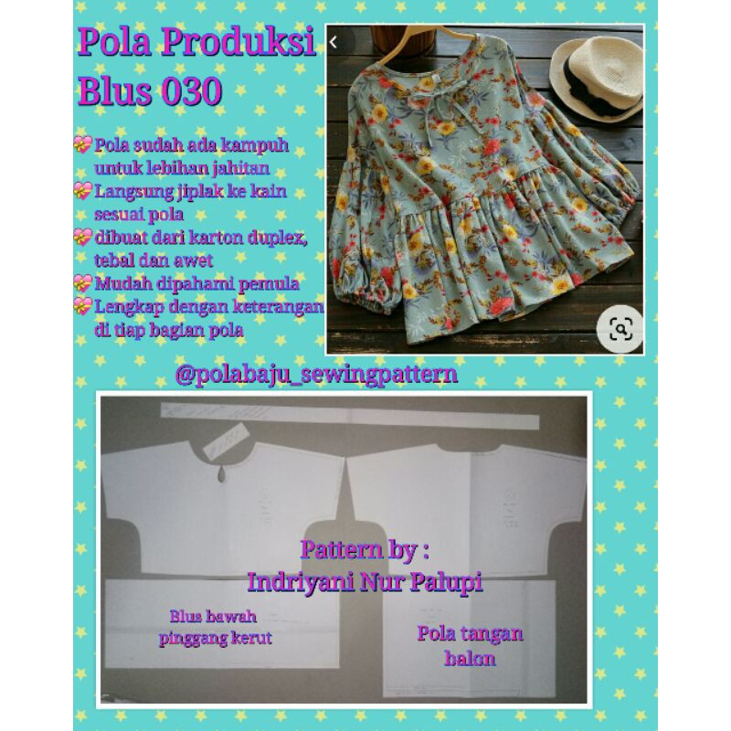 Jual Pola Produksi Blus 030 - Pola baju atasan wanita - Pola Blus