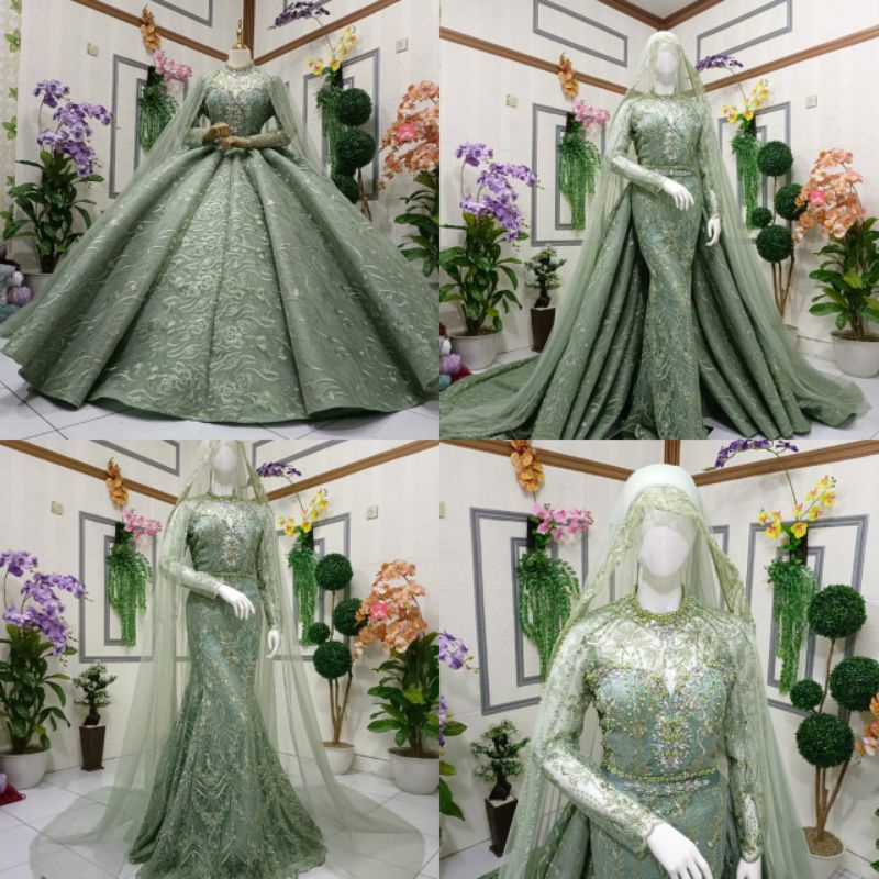 Jual Gaun pengantin model 3 in 1 sudah full mutiara tanpa payet warna