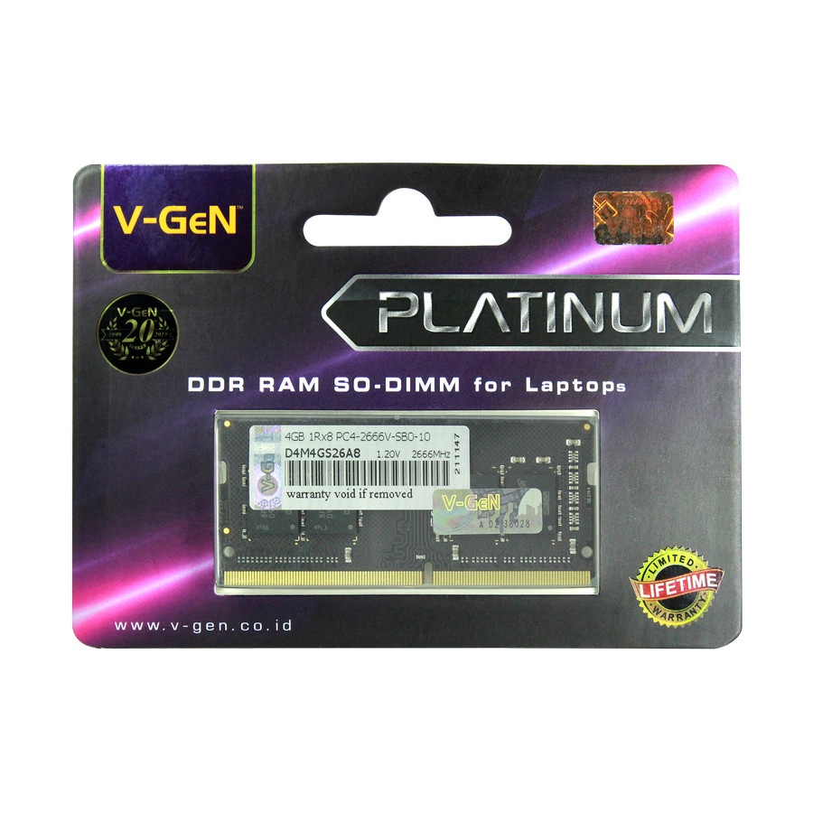 Jual RAM DDR4 SODimm VGeN Platinum 4GB PC21300/2666Mhz (Memory Laptop