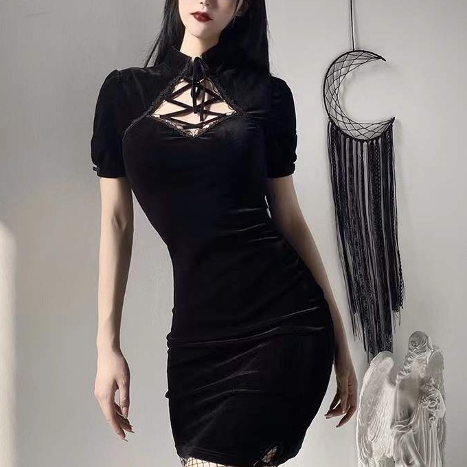 Jual Velvet Bodycon Mini Dress Short Sleeve 8534 (S/M/L) | Shopee Indonesia